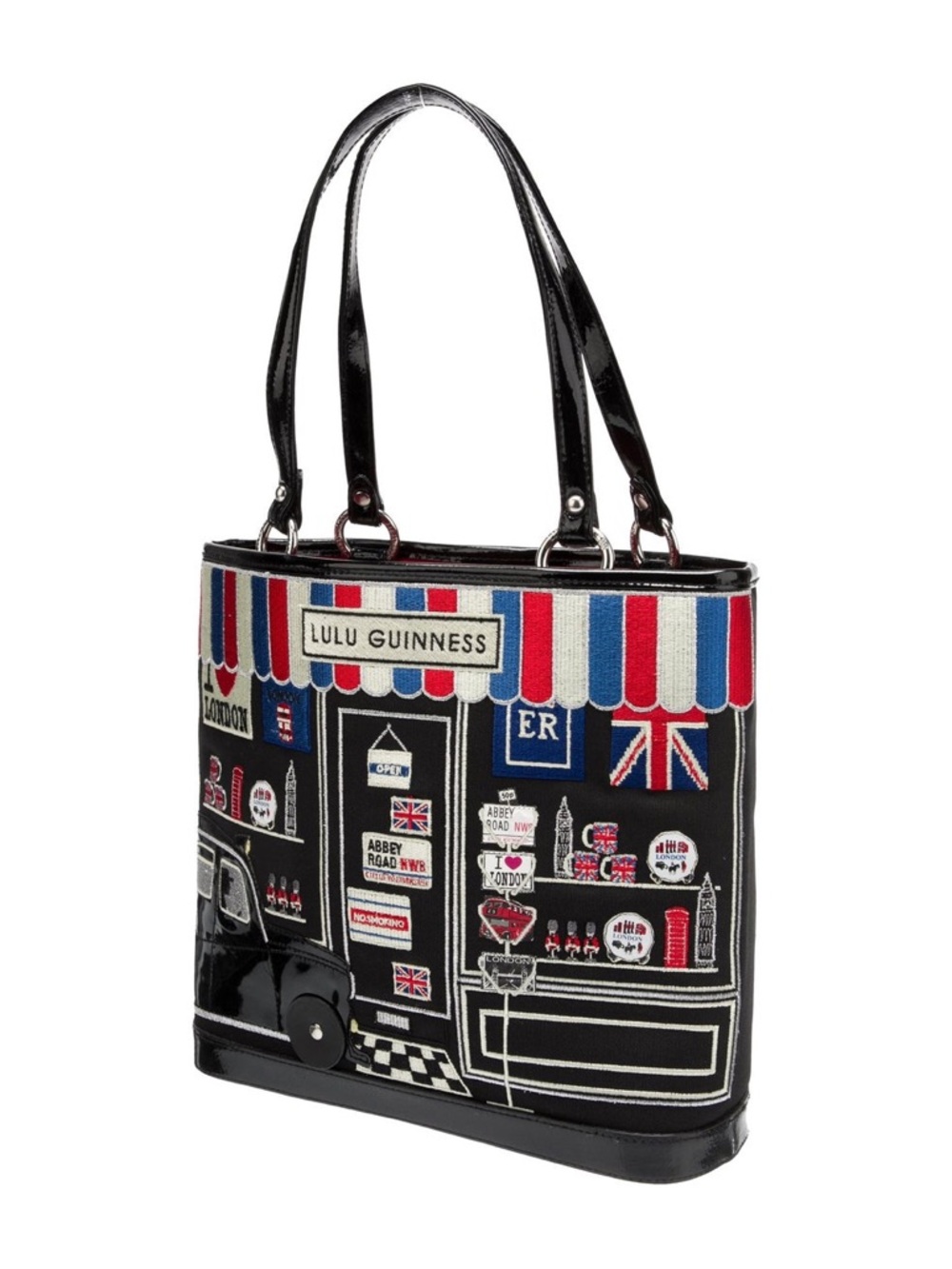 Lulu Guinness Black Tote with Red, Blue & White London Shopfront Appliqué - Picture 3 of 6